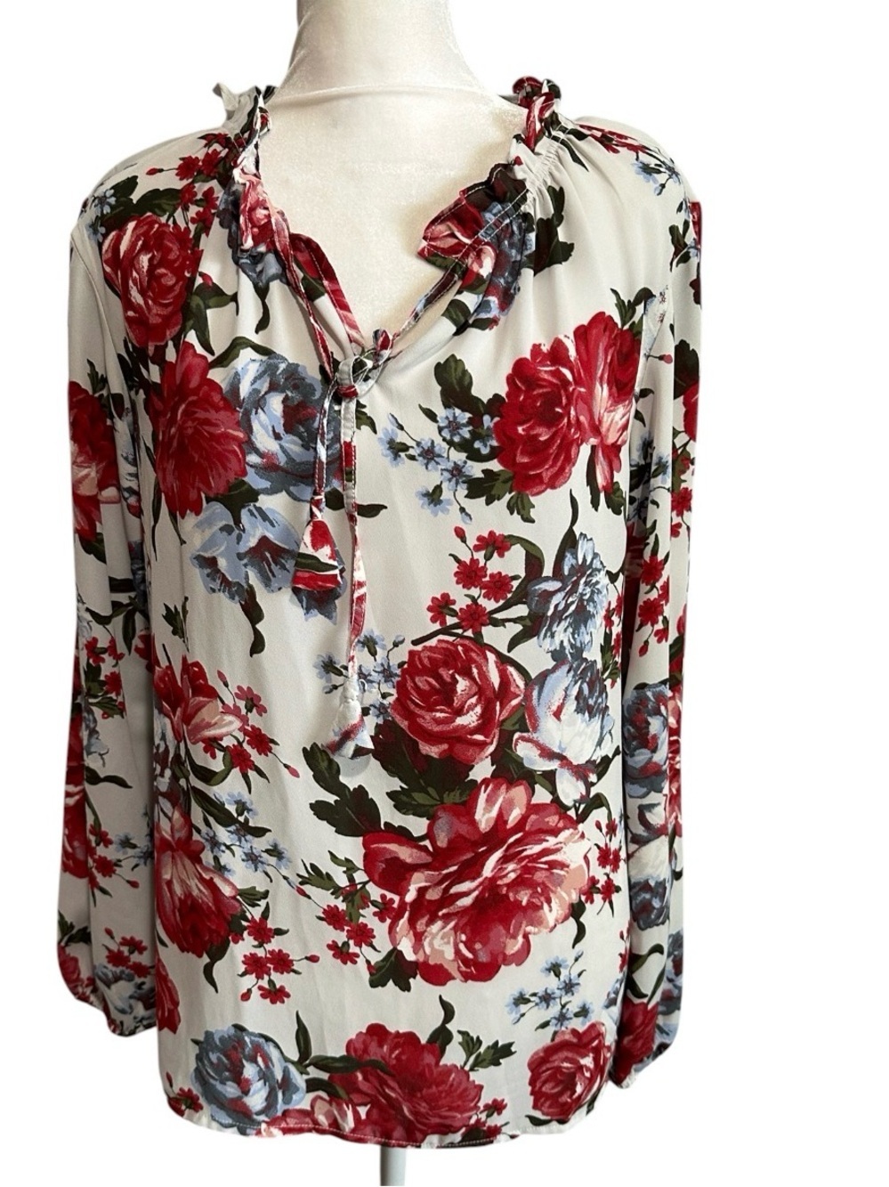 LOFT Cream Floral Tie-Neck Blouse with Red and Blue Roses size XS